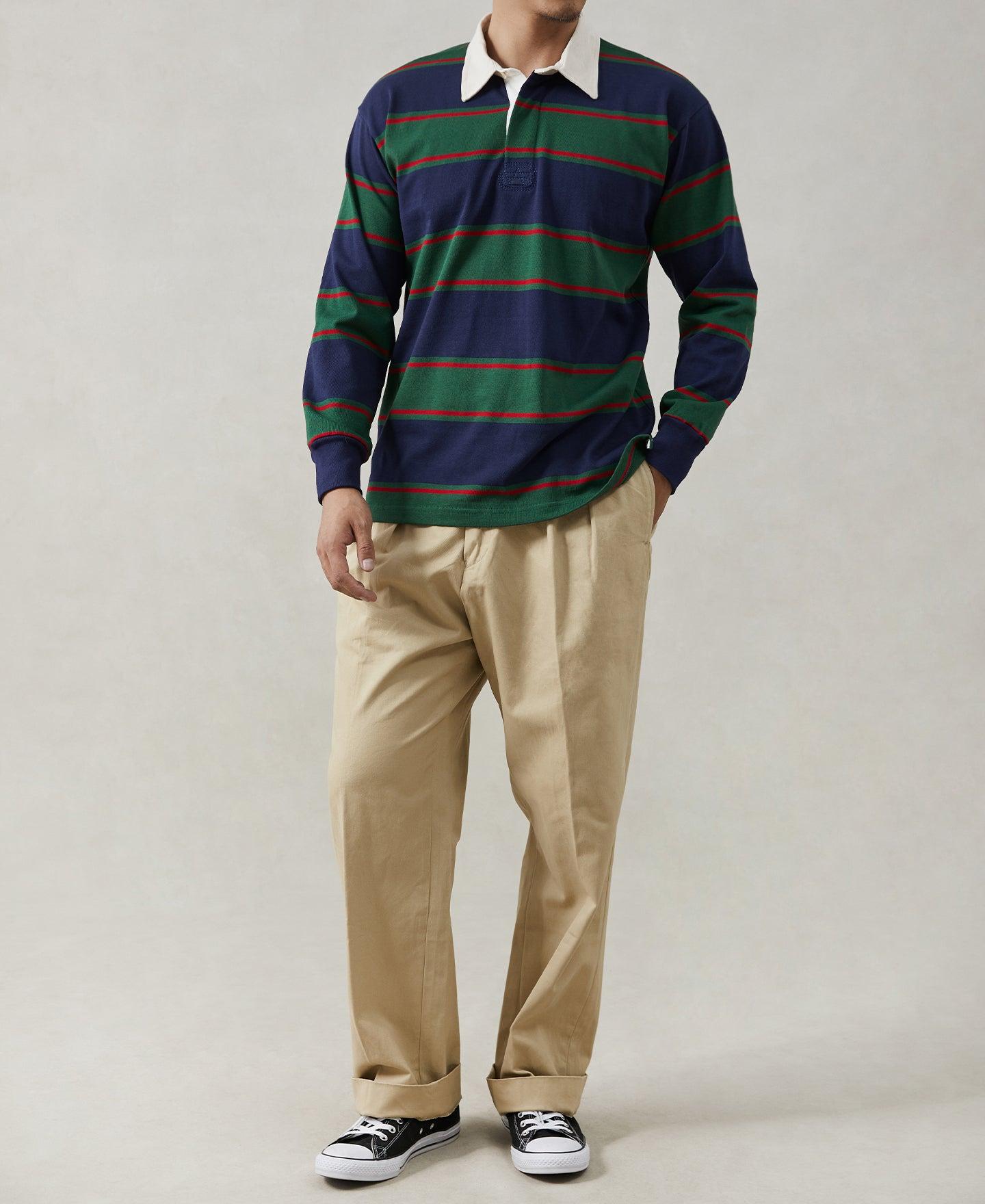 Classic Fit Striped Jersey Rugby Shirt - Green/Navy/Red Product Image