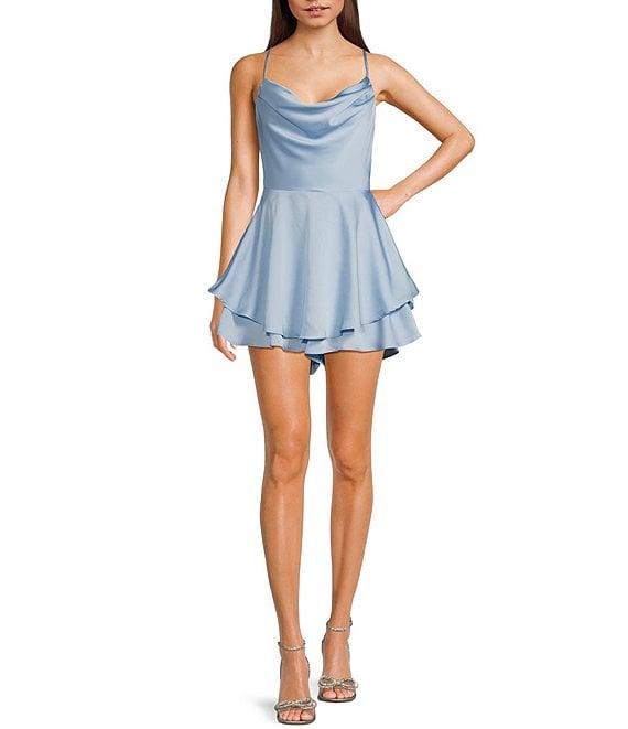 B. Darlin Spaghetti Strap Cowl Neck Tiered Romper Product Image
