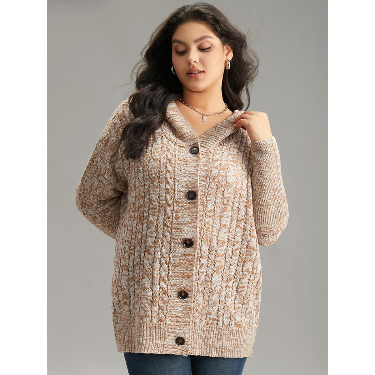 Plus Size Cable Knit Hooded Button Through Cardigan Bronze Women Casual Loose Long Sleeve Dailywear Cardigans BloomChic 14-16/1X Product Image