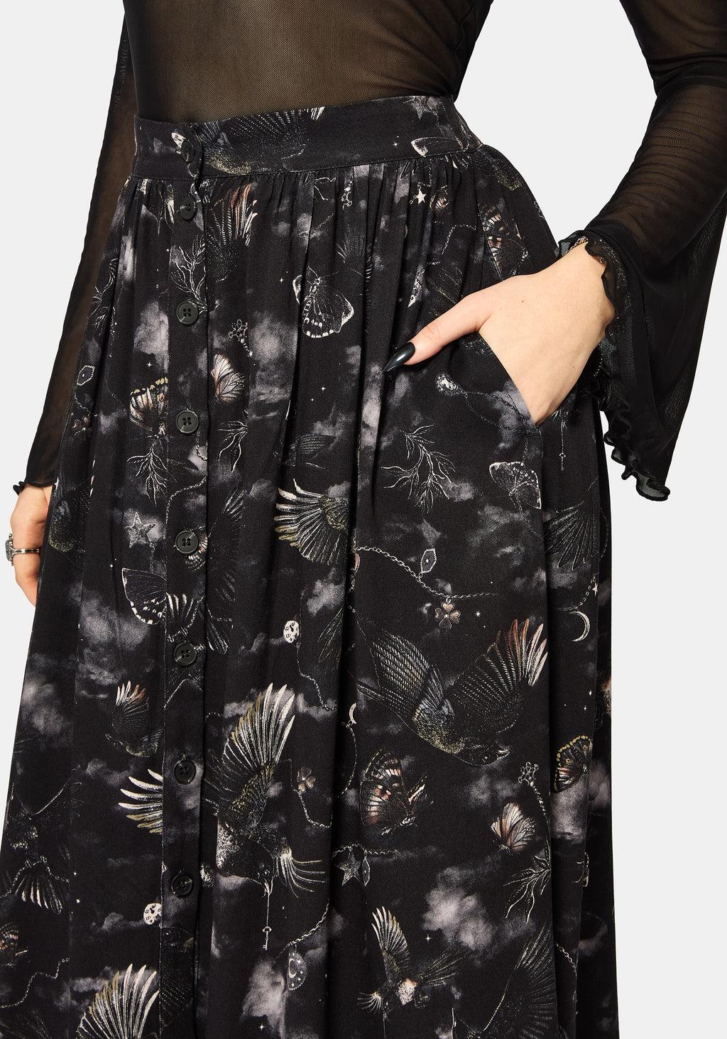 Crimson Magpie and Moth Print Button Up Midi Skirt Product Image