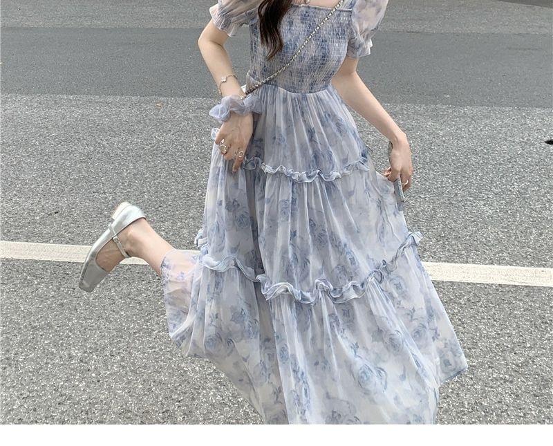 Short-Sleeve Square Neck Floral Print Tiered Shirred Maxi A-Line Dress Product Image