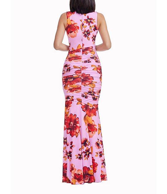Dress the Population Violetta Round Neck Sleeveless Floral Print Chiffon Ruched Maxi Dress Product Image