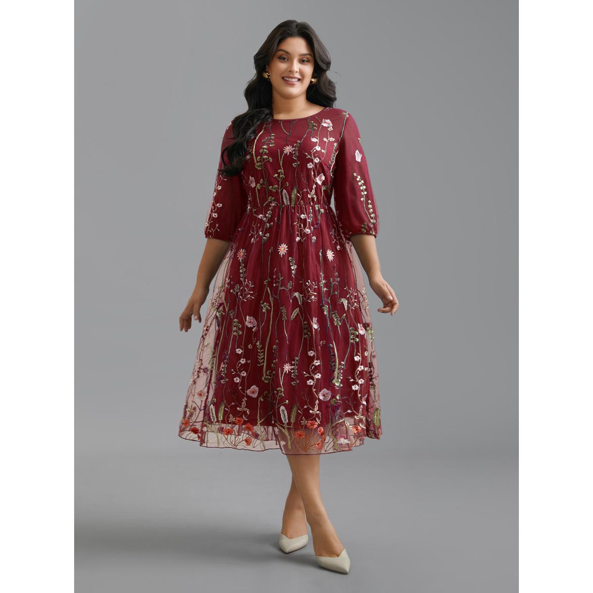 Plus Size Floral Embroidered Elastic Waist Lined Midi Dress Burgundy Women Formal Texture Party Curvy Bloomchic 28/5X Product Image