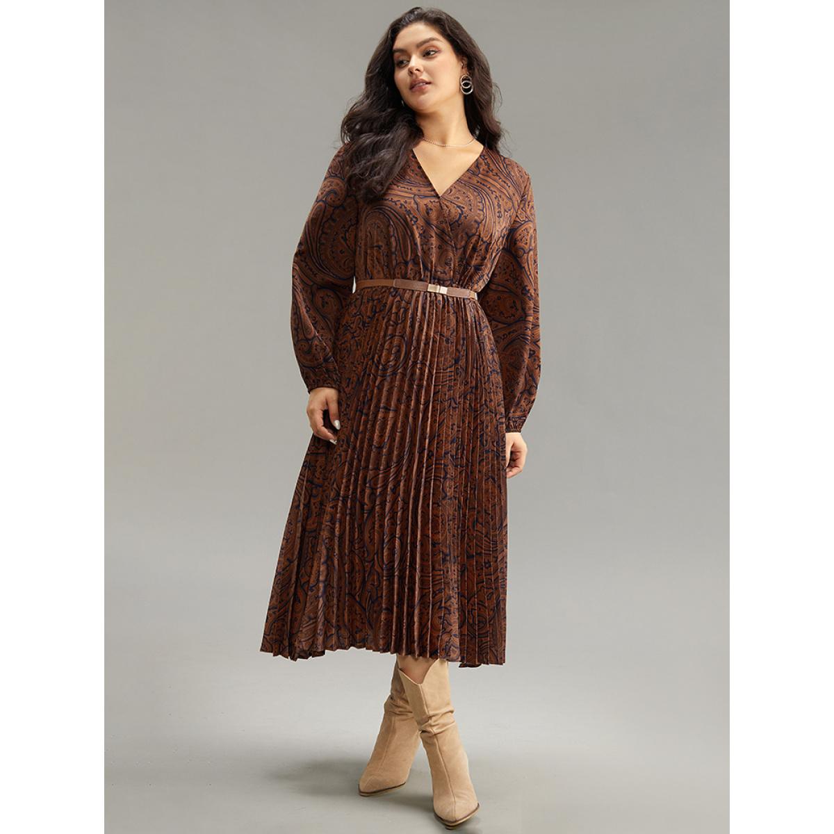 Plus Size Boho Print Pleated Elastic Waist Wrap Dress DarkBrown Women Vacation Elastic cuffs V-neck Long Sleeve Curvy Midi Dress BloomChic 14-16/1X Product Image