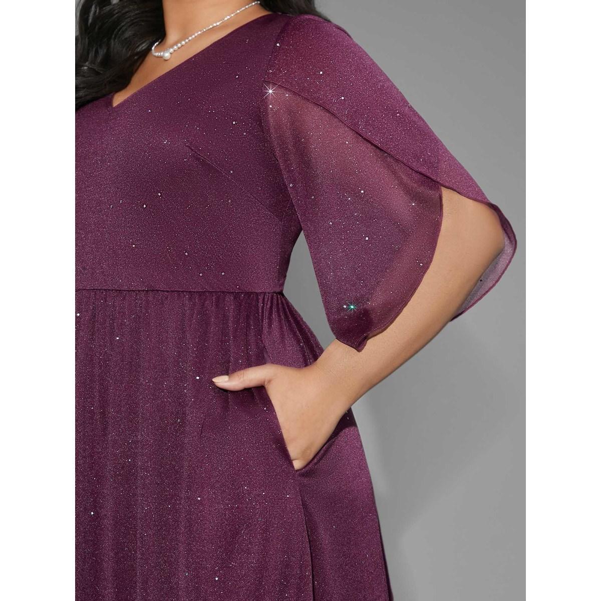 Plus Size Glitter Mesh Petal Sleeve Midi Dress Deeppurplered Women Party&Cocktail Texture Party Curvy Bloomchic 28/5X Product Image