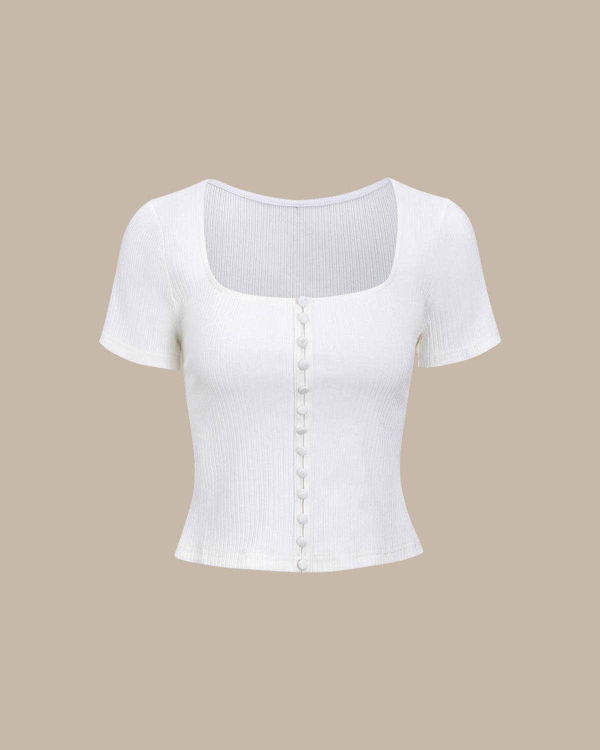 White Square Neck Ribbed Knit Tee Product Image