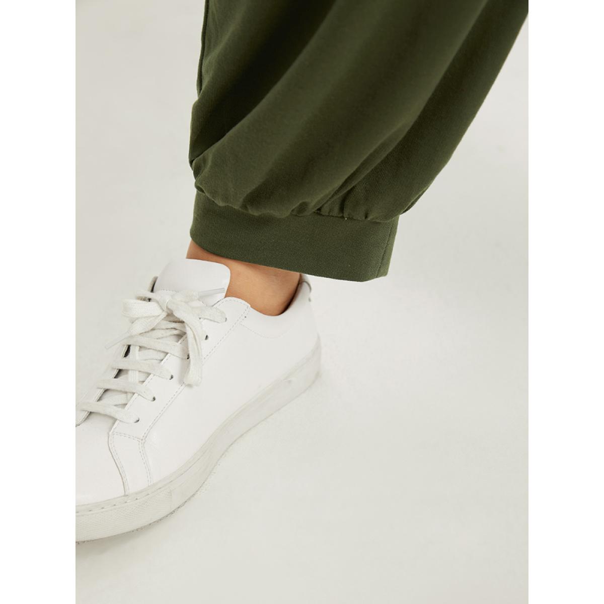 Plus Size ArmyGreen Solid Half Zip Hooded Gathered Jumpsuit Women Casual Long Sleeve Hooded Dailywear Loose Jumpsuits BloomChic 12/L Product Image