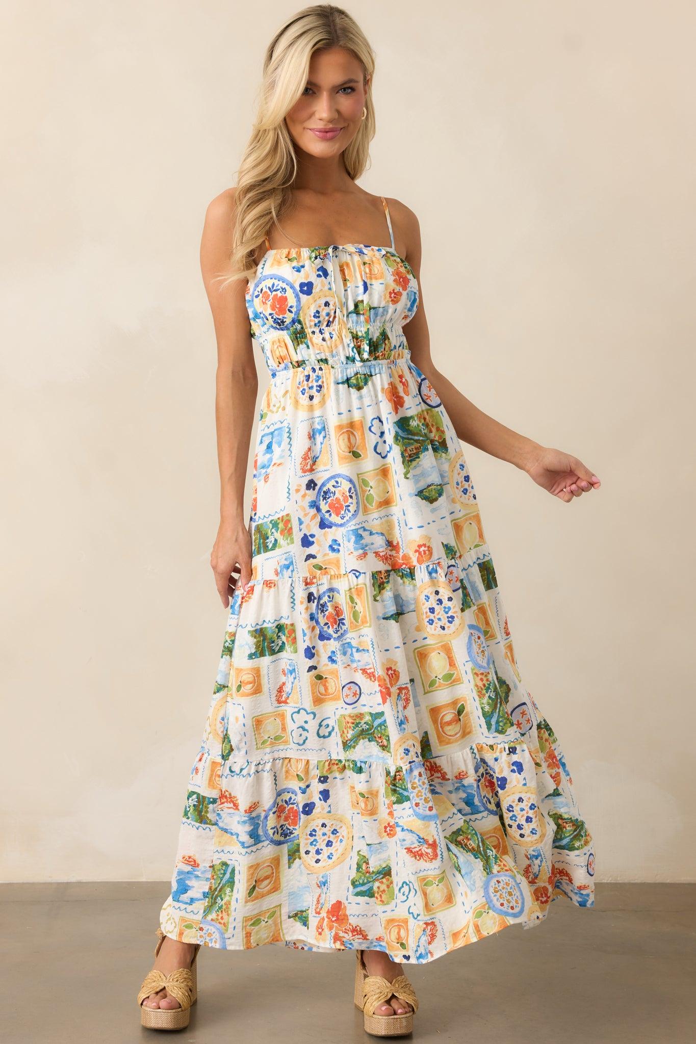 Salt Breeze Blue Multi Watercolor Print Maxi Dress Product Image