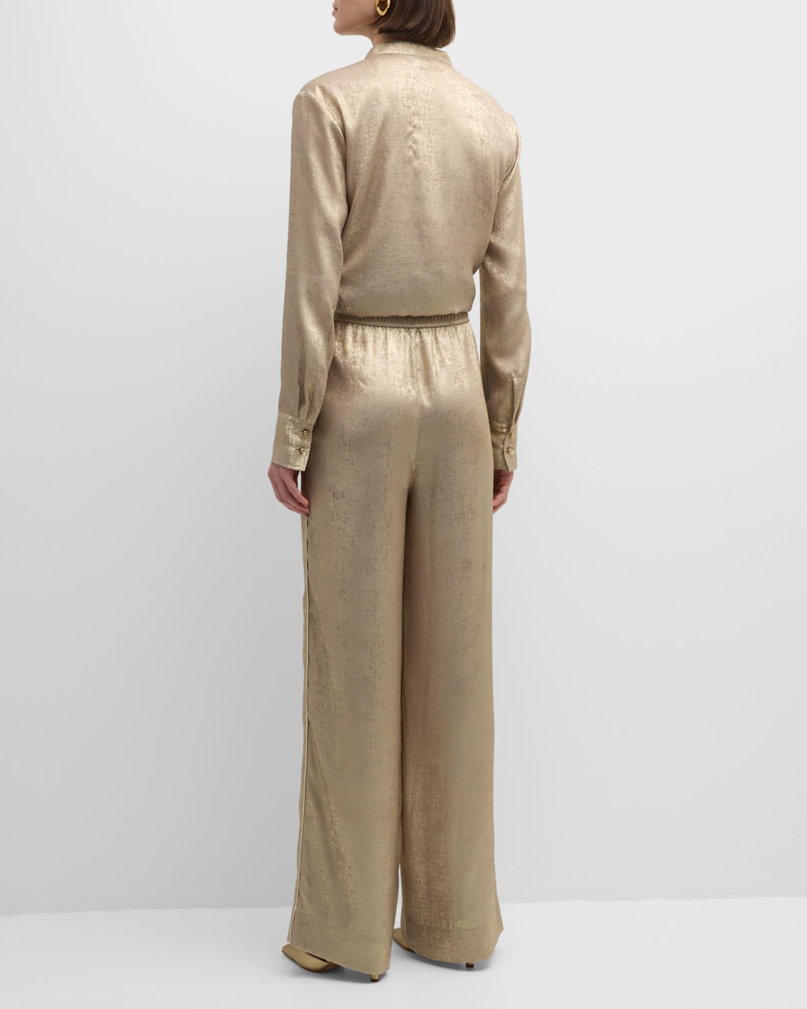 Mid-Rise Fluid Metallic Wide-Leg Drawstring Pants Product Image