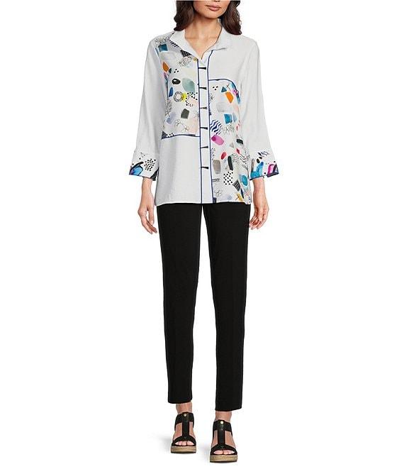 Ali Miles Abstract Print Seam Detail Wire Collar 3/4 Sleeve Button Front Tunic Product Image