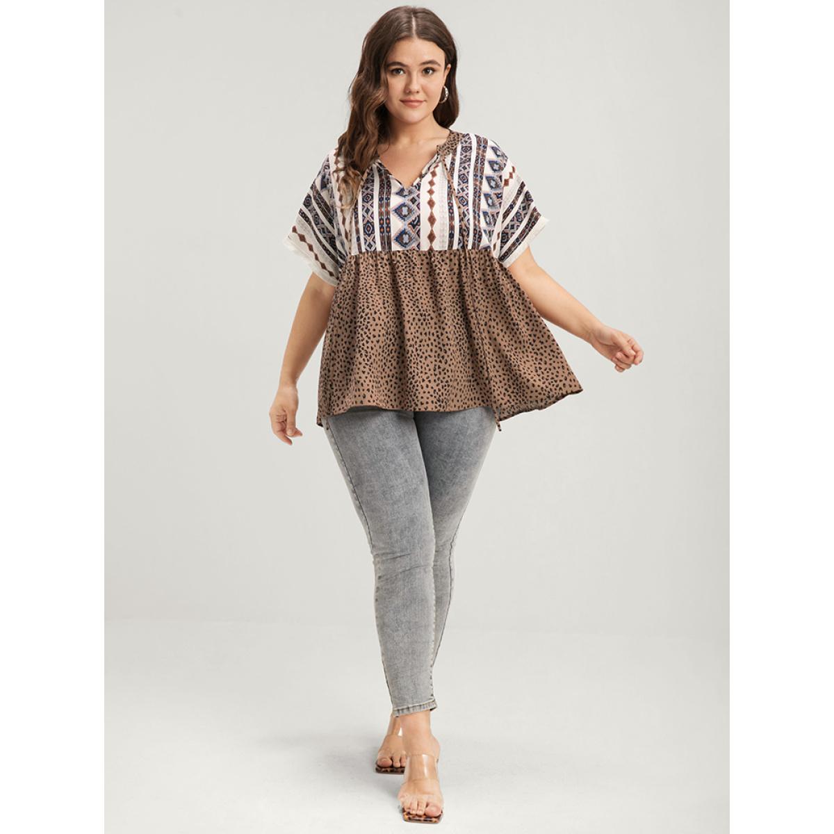 Plus Size DarkBrown Leopard Geometric Contrast Elastic Waist Ties Neck Blouse Women Vacation Short sleeve V-neck Dailywear Blouses BloomChic 10/M Product Image