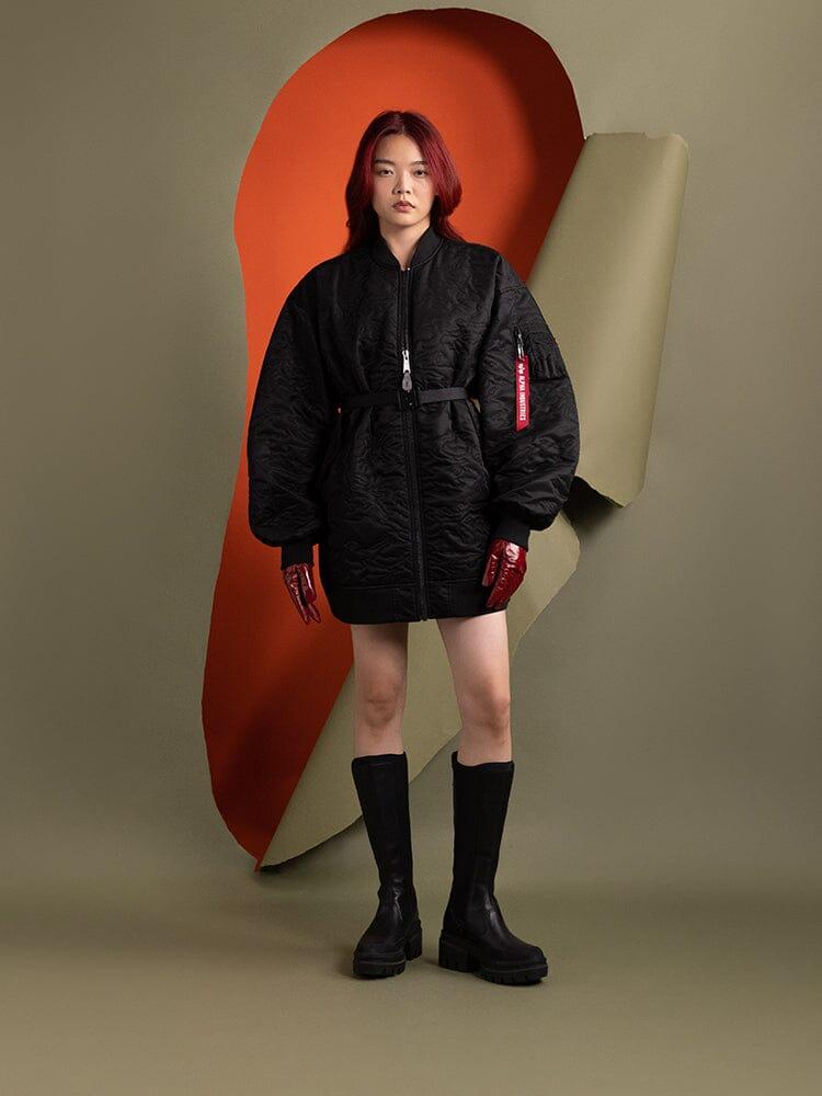 WOMEN'S CAMO QUILTED BELTED MA-1 BOMBER JACKET Product Image