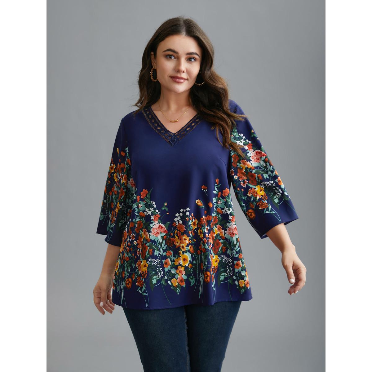 Plus Size Indigo Floral V Neck Cut-Out Lace Blouse Women Elegant Elbow-length sleeve V-neck Everyday Blouses BloomChic 22-24/3X Product Image
