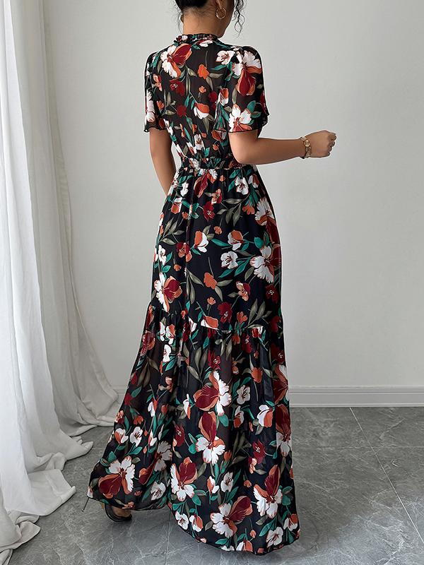 A-Line Loose Contrast Color Elasticity Flower Print Pleated V-Neck Maxi Dresses Product Image