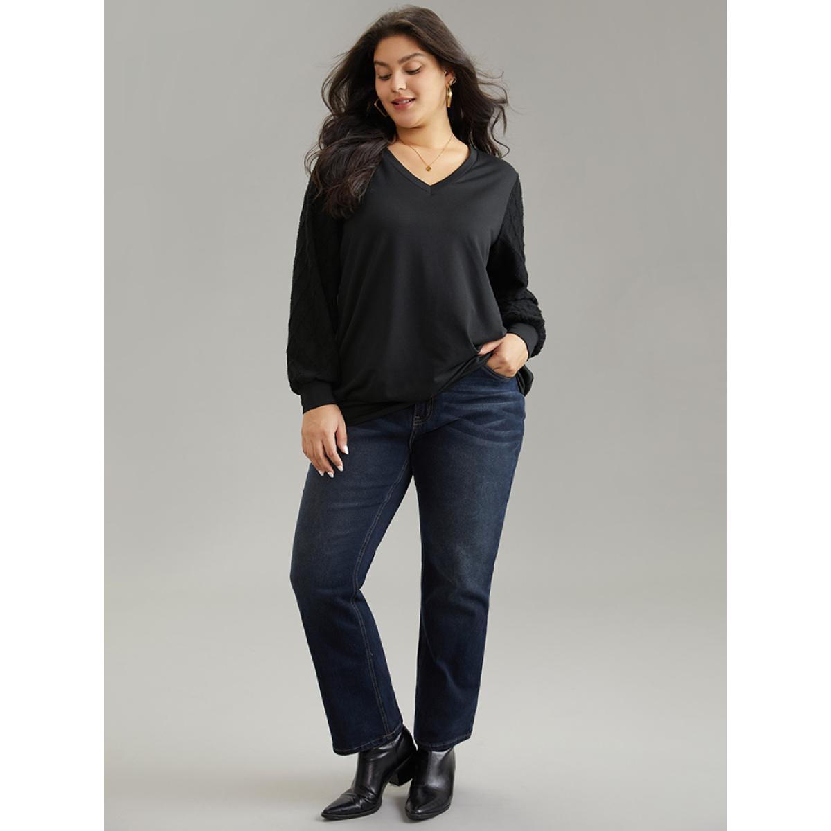 Plus Size Plain Textured Patchwork Jacquard Sweatshirt Women Black Casual Texture V-neck Dailywear Sweatshirts BloomChic 10/M Product Image