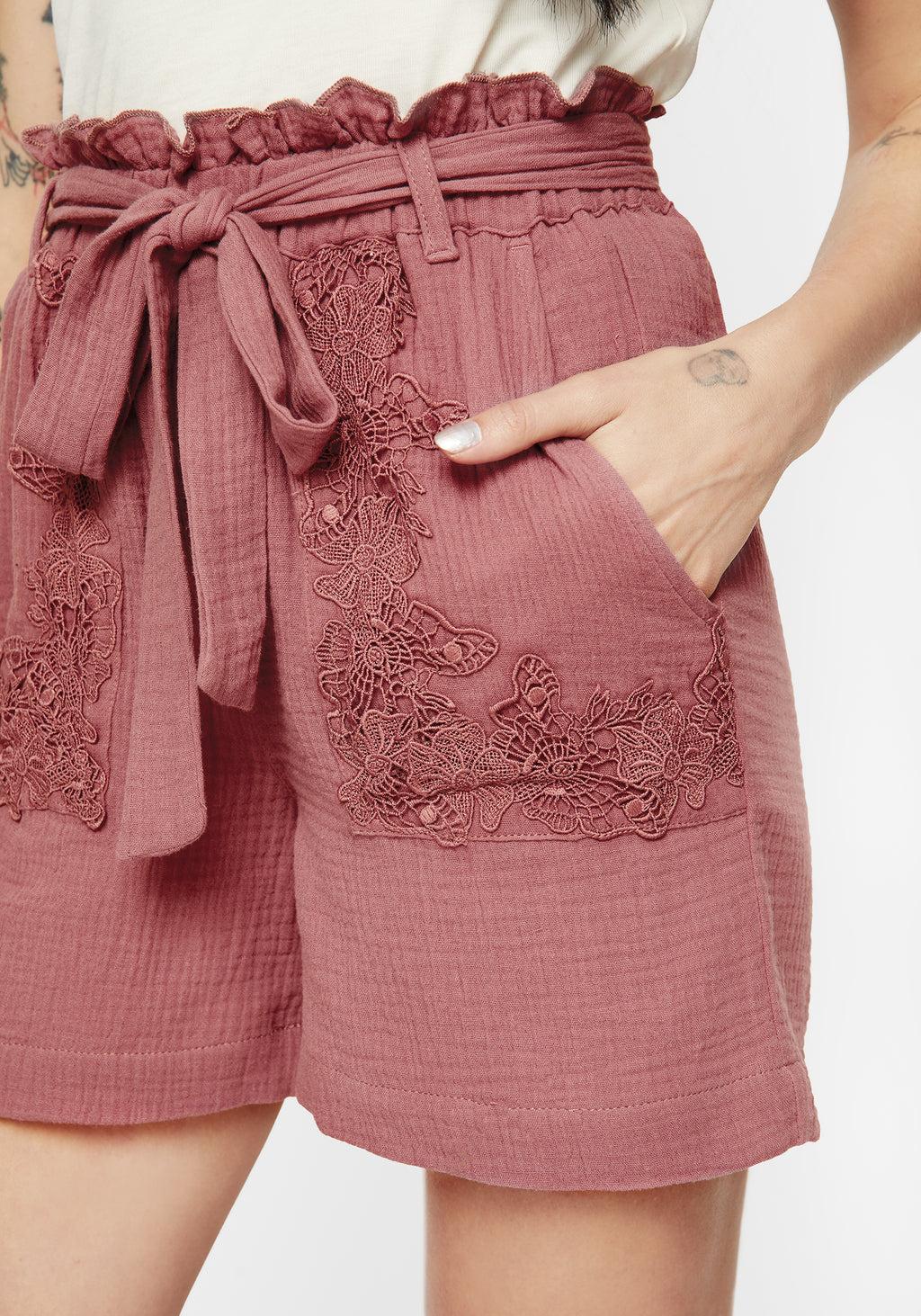 Rosamoth Applique Trim Cotton Tie Waist Shorts Product Image