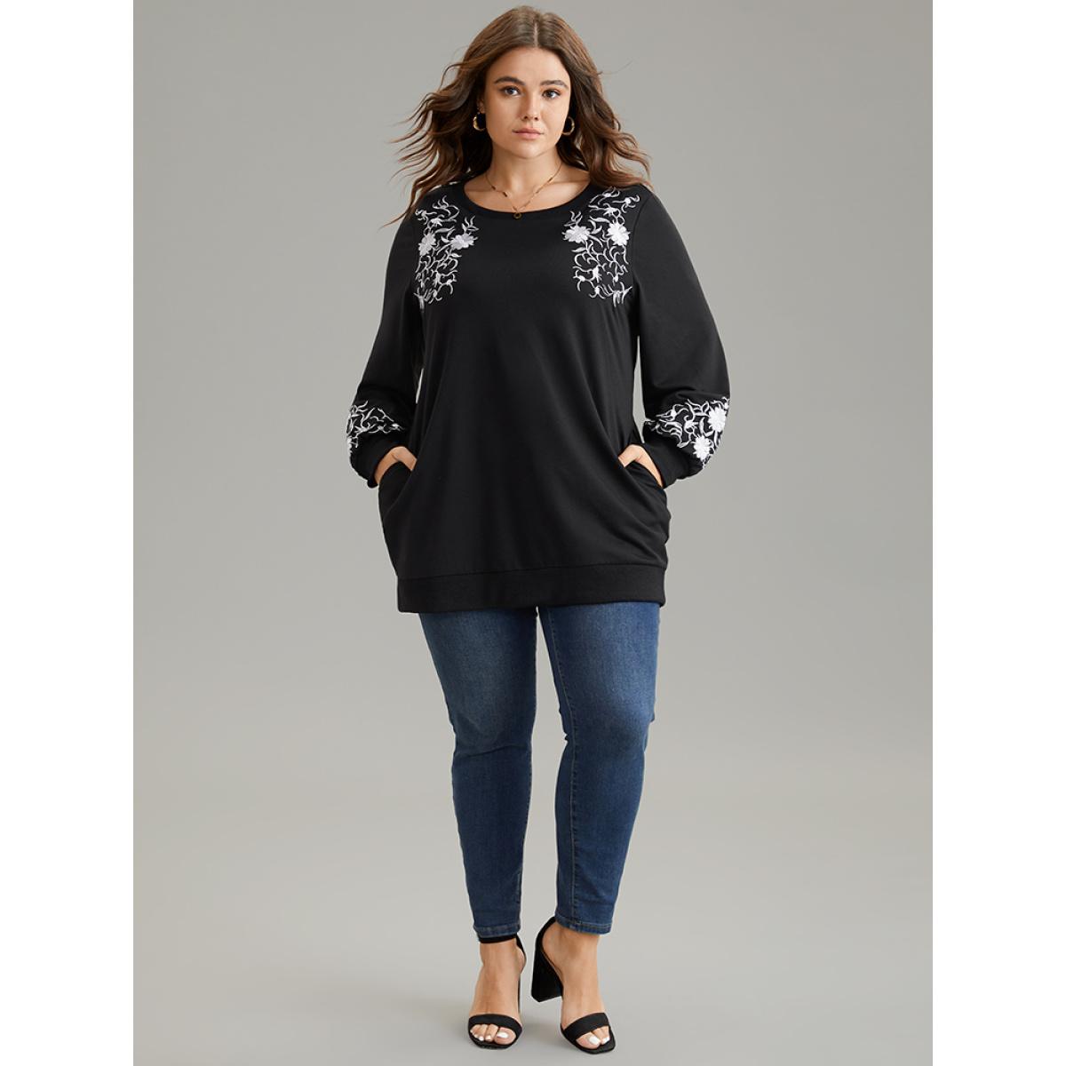 Plus Size Floral Embroidered Pocket Elastic Cuffs Sweatshirt Women Black Elegant Rib Knit Round Neck Dailywear Sweatshirts BloomChic 12/L Product Image
