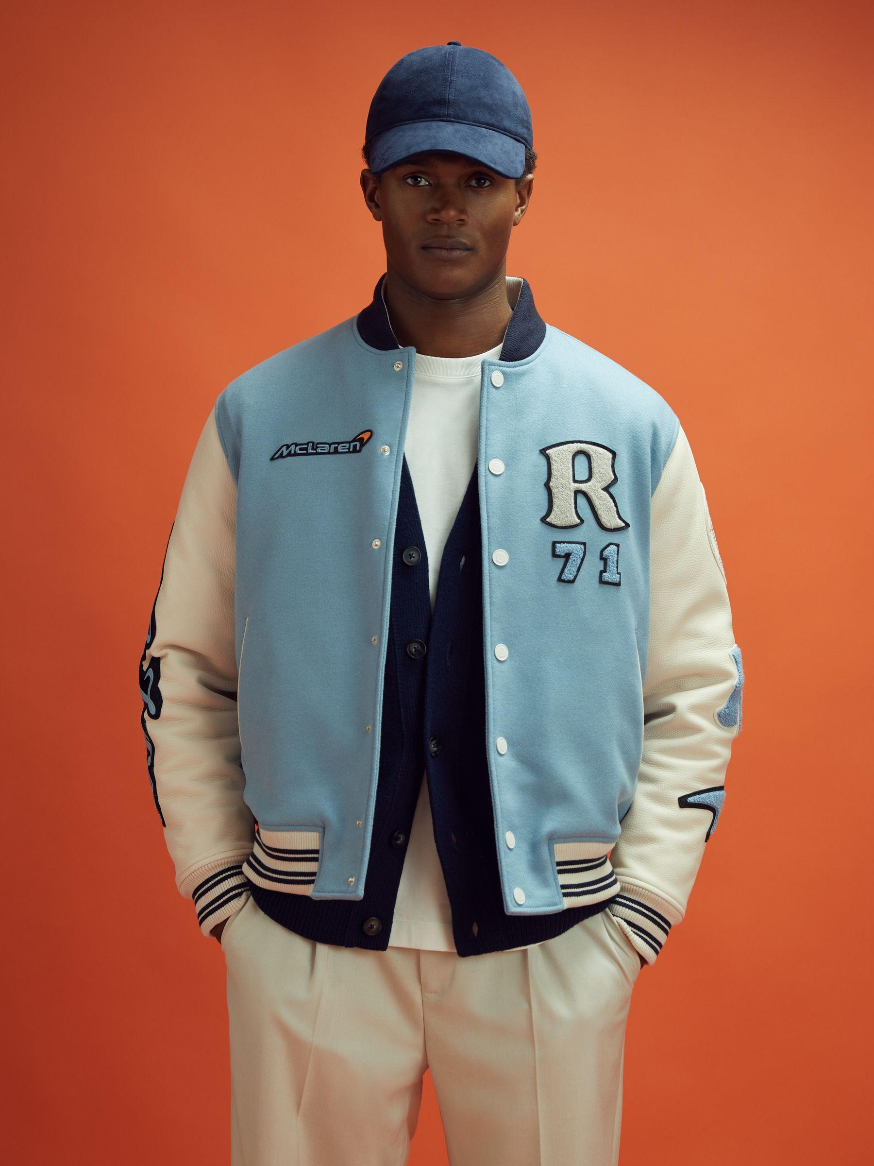 Leather Varsity Jacket in Soft Blue/Ecru Product Image