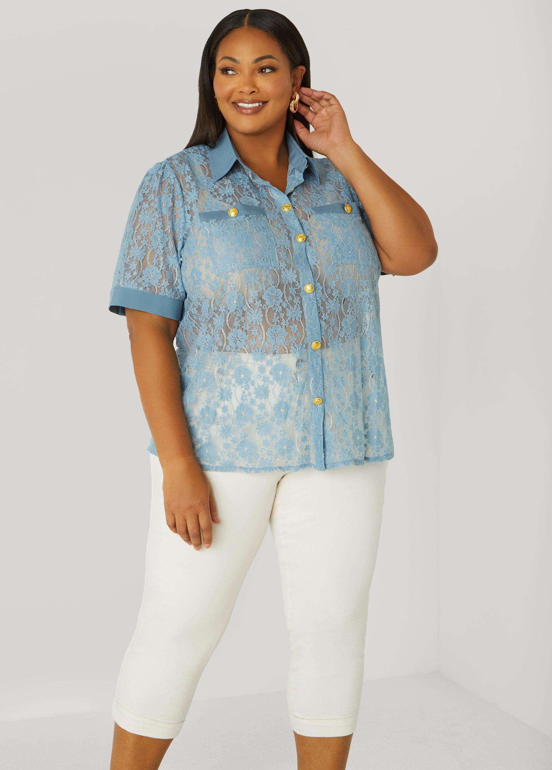 Plus Size Metallic Floral Lace Shirt Ashley Stewart Product Image