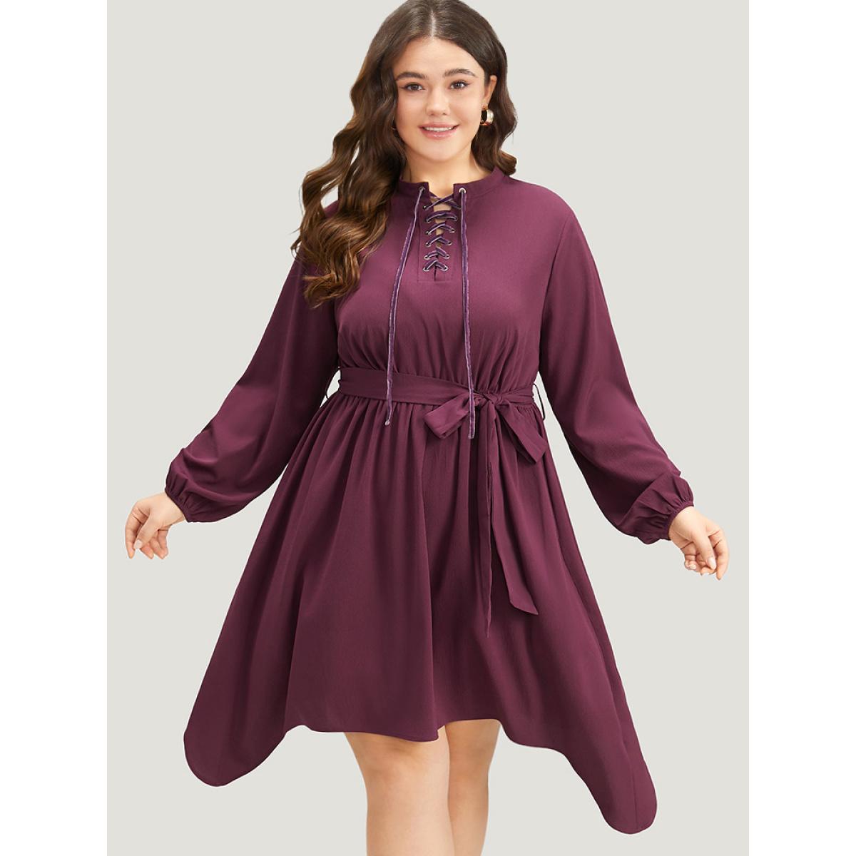 Plus Size Halloween Plain Lantern Sleeve Belted Lace Up Asymmetrical Hem Dress Purple Women Office Elastic cuffs Tie Neck Long Sleeve Curvy Knee Dress BloomChic 30/6X Product Image