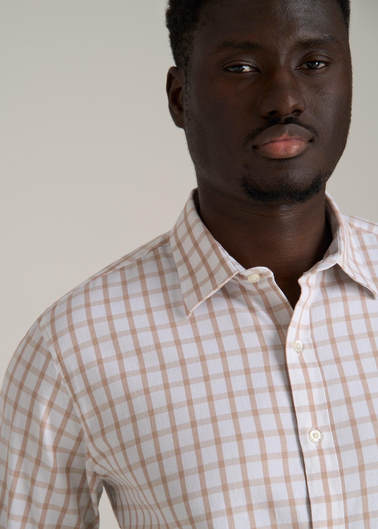 Oskar Button-Up Dress Shirt for Tall Men in Beige Grid Male Product Image