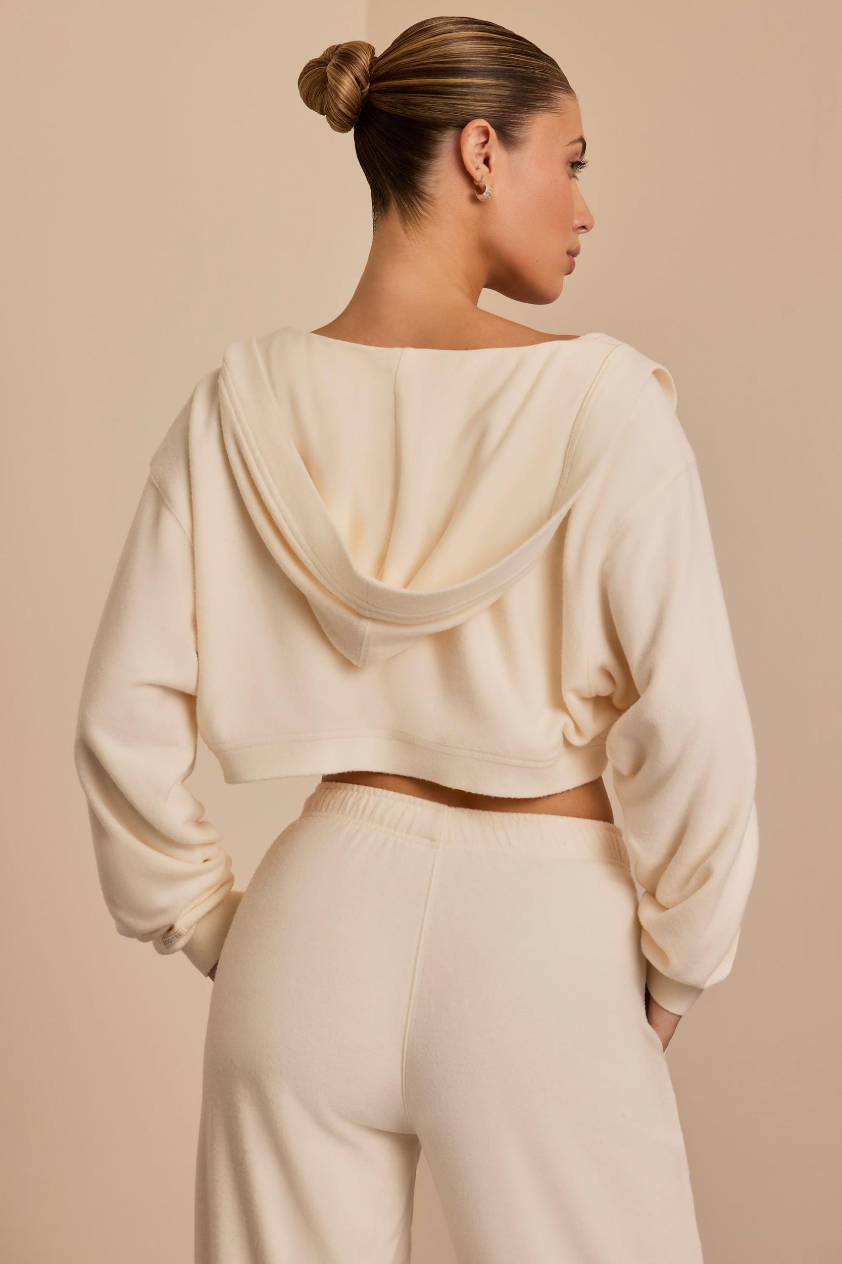 Brushed Jersey Hooded Cropped Shrug in Ecru Product Image