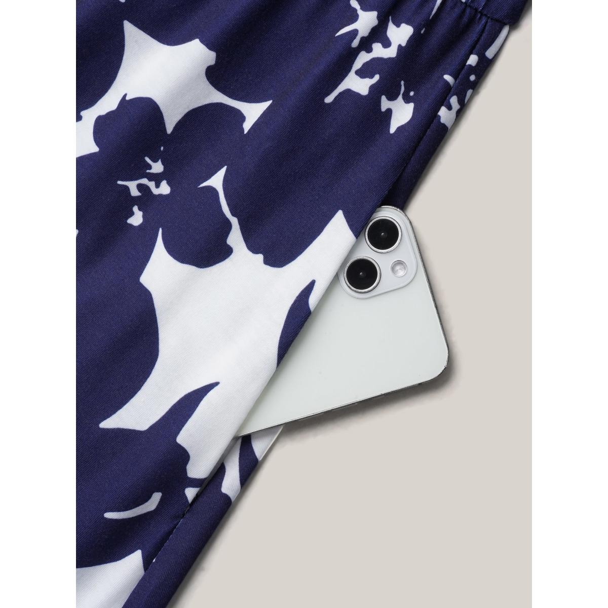 Plus Size Floral Print Surplice Neck Midi Dress Navy Women Casual Gathered Knit Dresses Bloomchic 18-20/2X Product Image