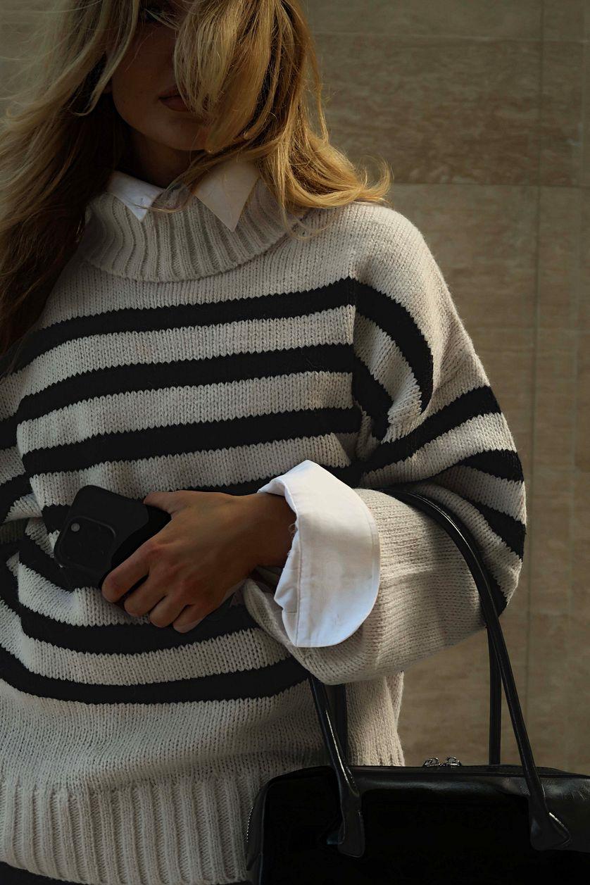 Turtle Neck Knitted Striped Sweater Black Product Image