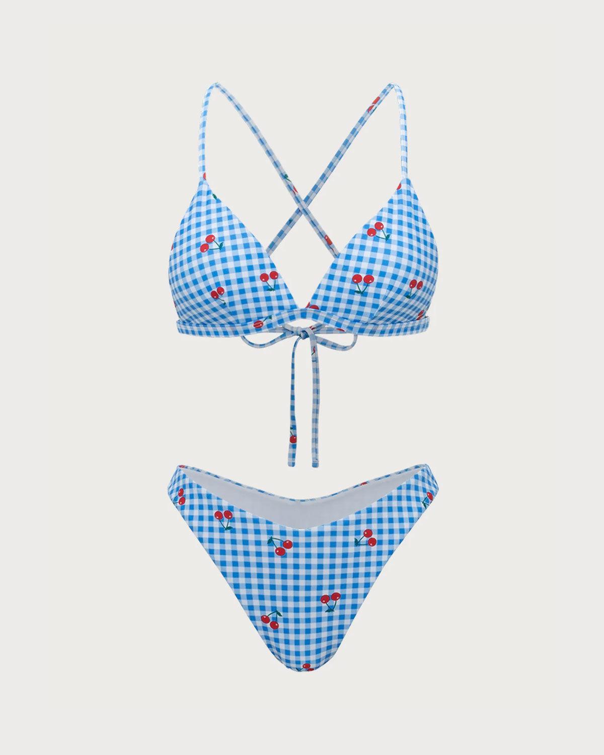 Blue Plaid Cherry Halter Bikini Set Product Image