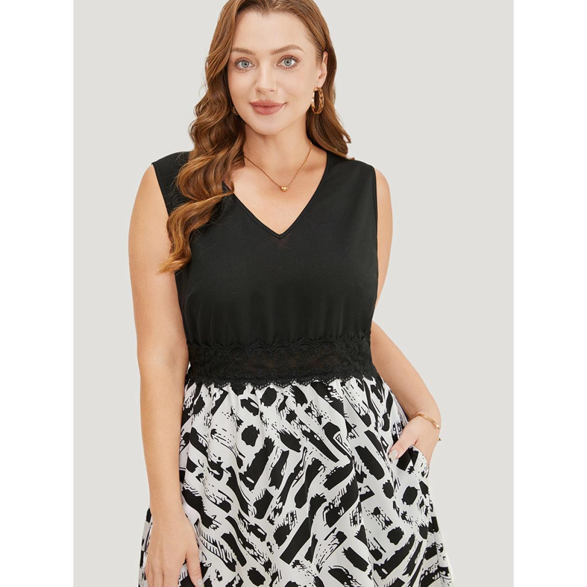 Plus Size Graphic Patchwork Pocket Contrast Lace Tank Dress Black Women Elegant Gathered V-neck Sleeveless Curvy Knee Dress BloomChic 18-20/2X Product Image