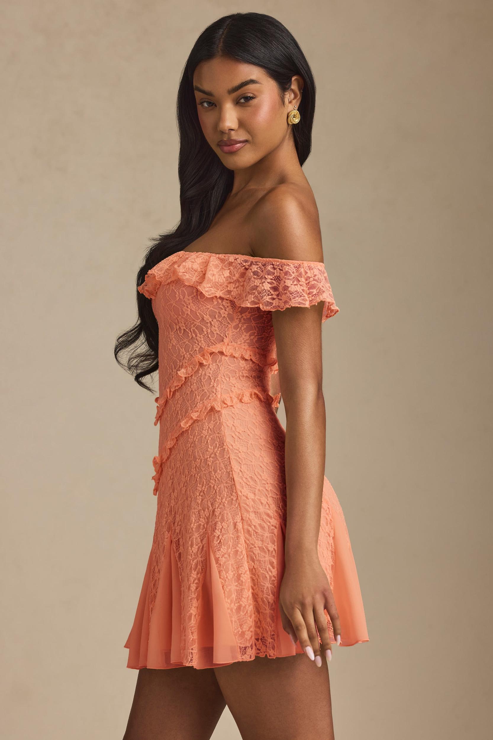 Off-Shoulder Lace A-Line Mini Dress in Peach Product Image