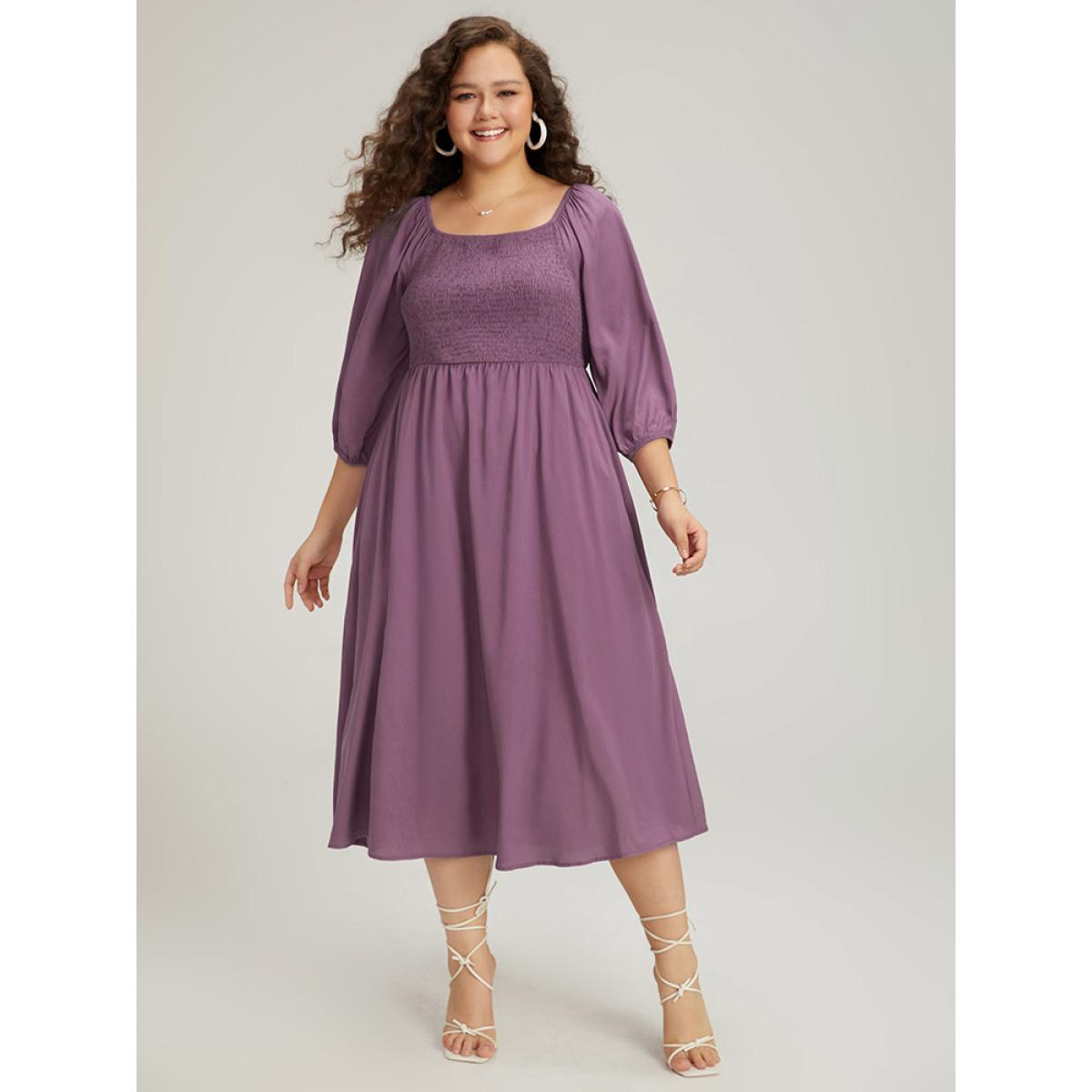 Plus Size Plain Shirred Square Neck Elastic Cuffs Dress Mauve Women Elegant Elastic cuffs Square Neck Elbow-length sleeve Curvy Midi Dress BloomChic 18-20/2X Product Image