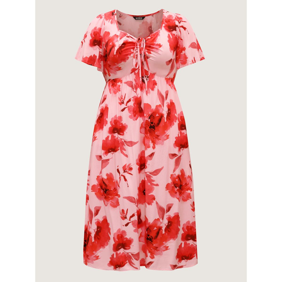 Plus Size Rayon Romantic Floral Print Drawstring Midi Dress Lightpink Women Heart neckline Short sleeve Curvy BloomChic 14-16/1X Product Image