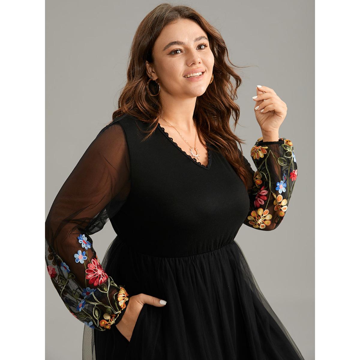 Plus Size Floral Embroidered Crochet Lace Mesh Dress Black Women Casual Elastic cuffs V-neck Long Sleeve Curvy Midi Dress BloomChic 30/6X Product Image