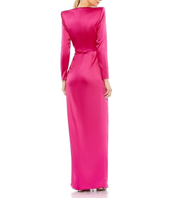Mac Duggal Long Sleeve Crew Neck Ruched Waist Draped Bow Thigh High Slit Satin A-Line Gown Product Image