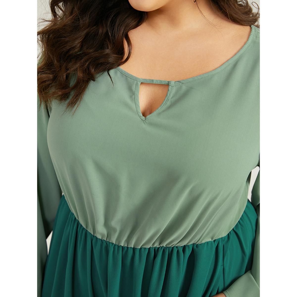 Plus Size Colorblock Contrast Keyhole Layered Hem Dress Mint Women Casual Plain Keyhole Cut-Out Long Sleeve Curvy Midi Dress BloomChic 30/6X Product Image