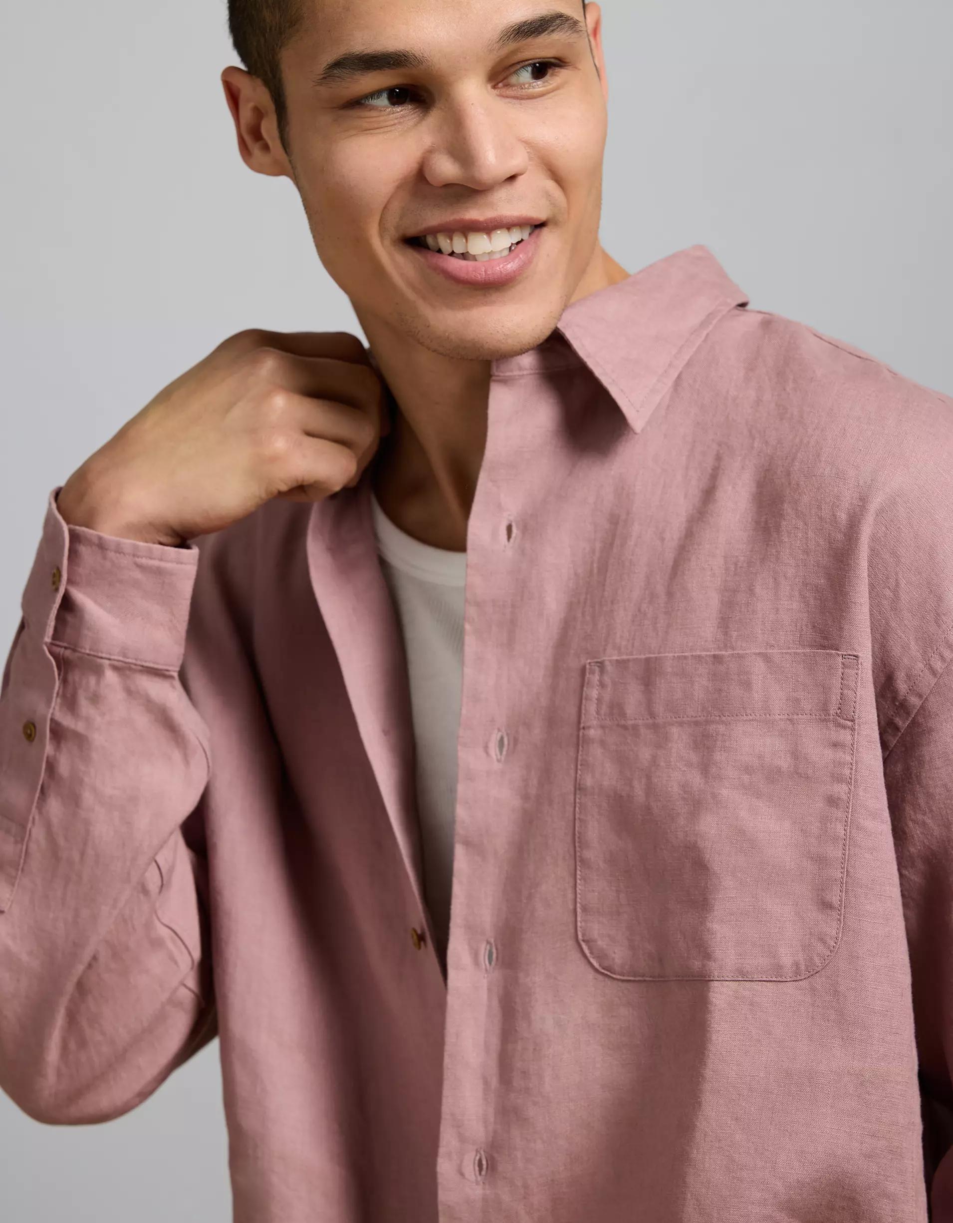 AE77 Premium Relaxed Linen Button-Up Shirt Product Image