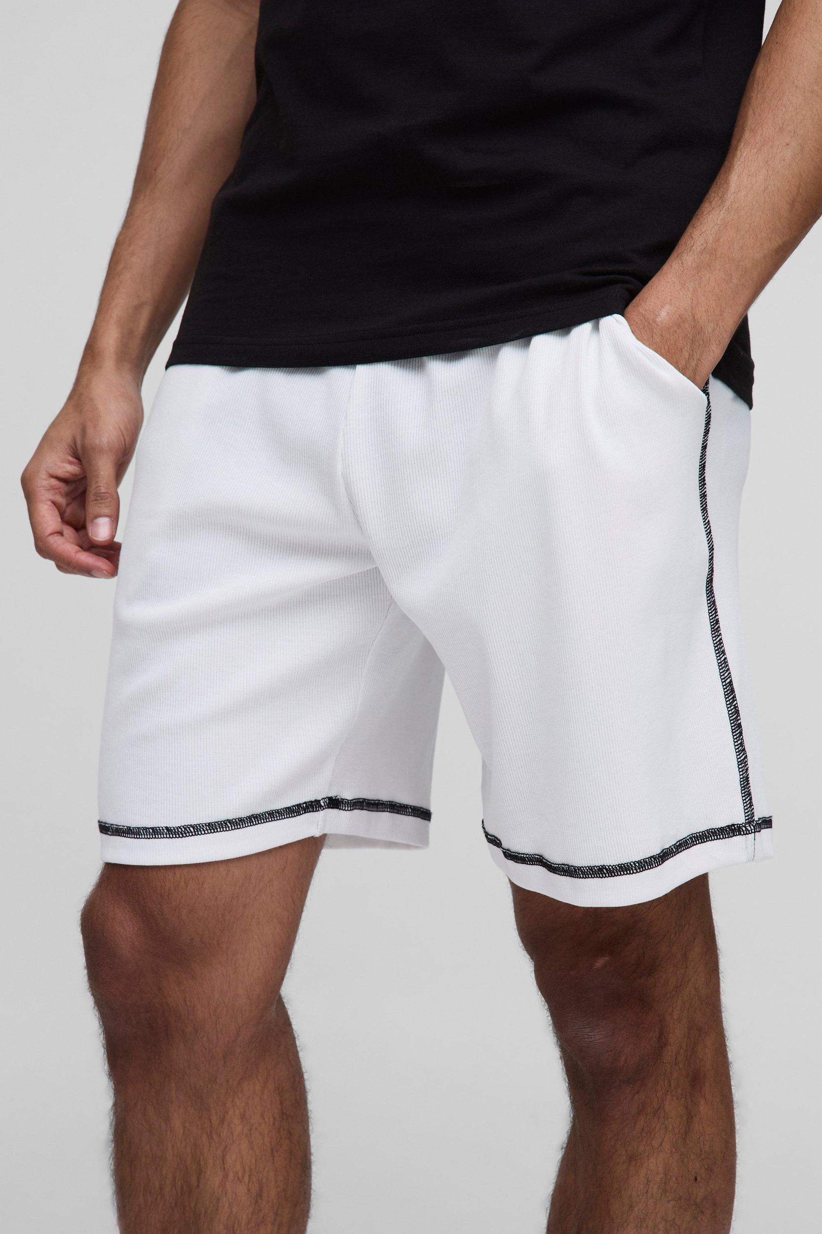 Relaxed Rib Contrast Stitch Mid Length Short | boohooMAN USA Product Image