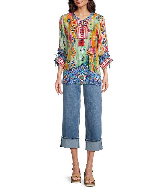 John Mark Embroidered Printed Split V-Neck 3/4 Cinched Sleeve Tassel Tie Front Tunic Product Image