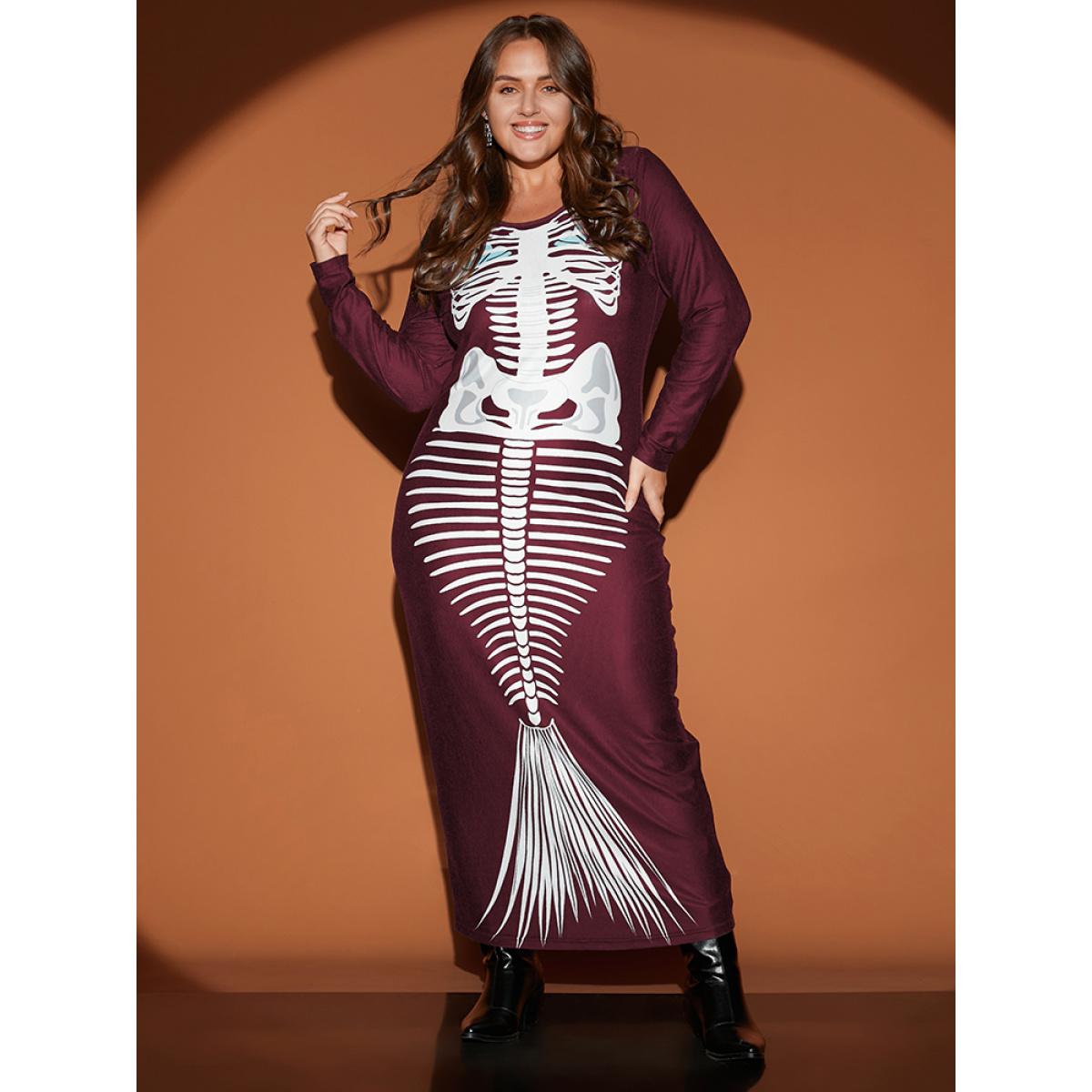 Plus Size Halloween Skeleton Print Skinny Maxi Dress Burgundy Women Elegant Printed Round Neck Long Sleeve Curvy Long Dress BloomChic 14-16/1X Product Image