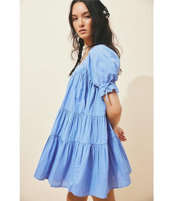 Free People Sandy Shores Scoop Neck Short Puff Sleeve Tiered Babydoll Mini Dress Product Image