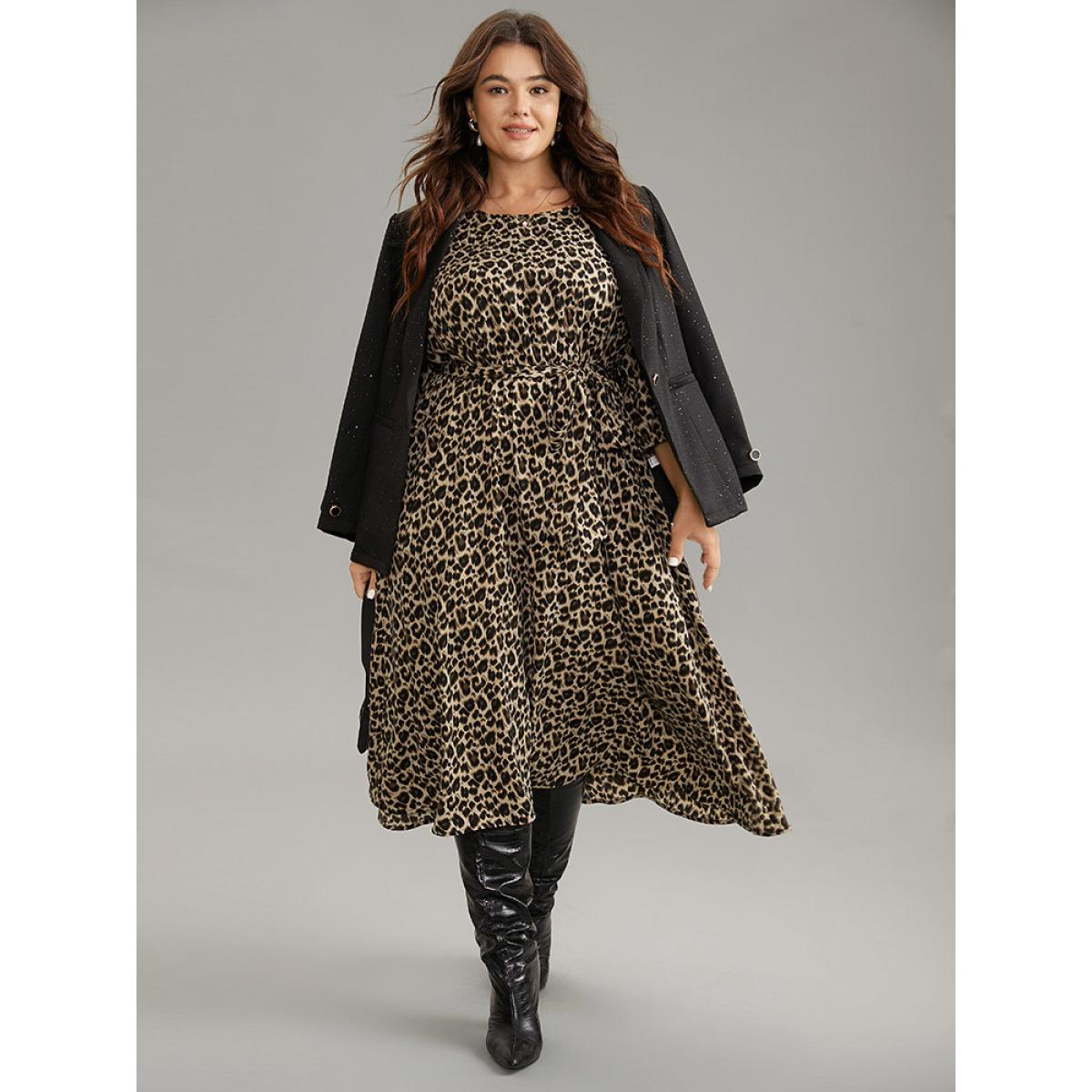 Plus Size Leopard Elastic Waist Belted Round Neck Dress LightBrown Women Office Elastic cuffs Round Neck Elbow-length sleeve Curvy Midi Dress BloomChic 10/M Product Image