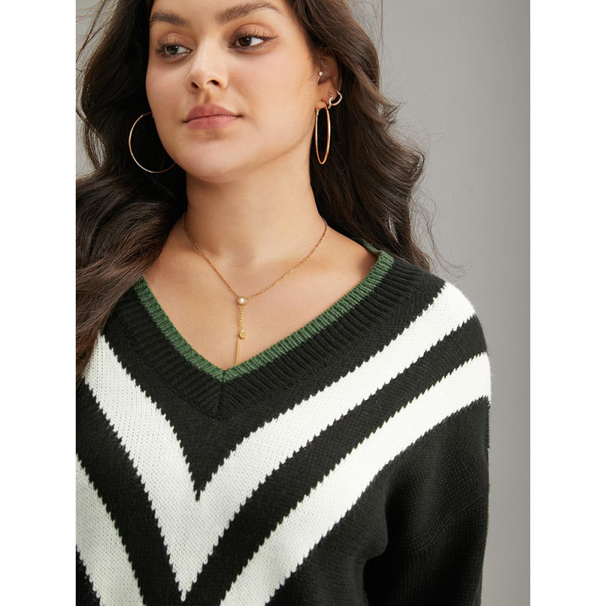 Plus Size Striped Contrast Trim Long Sleeve Pullover Black Women Casual Loose Long Sleeve V-neck Everyday Pullovers BloomChic 12/L Product Image