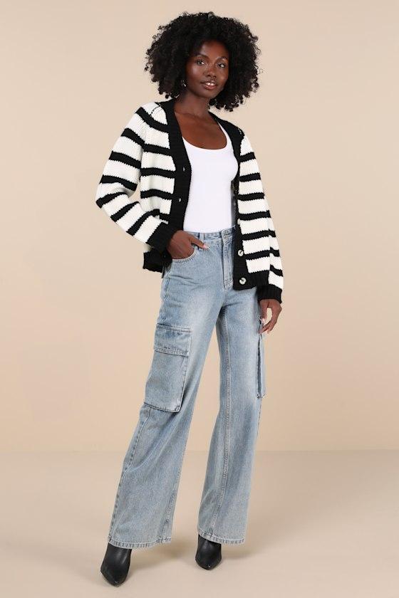 Absolutely Cozy Black and White Striped Oversized Cardigan Product Image
