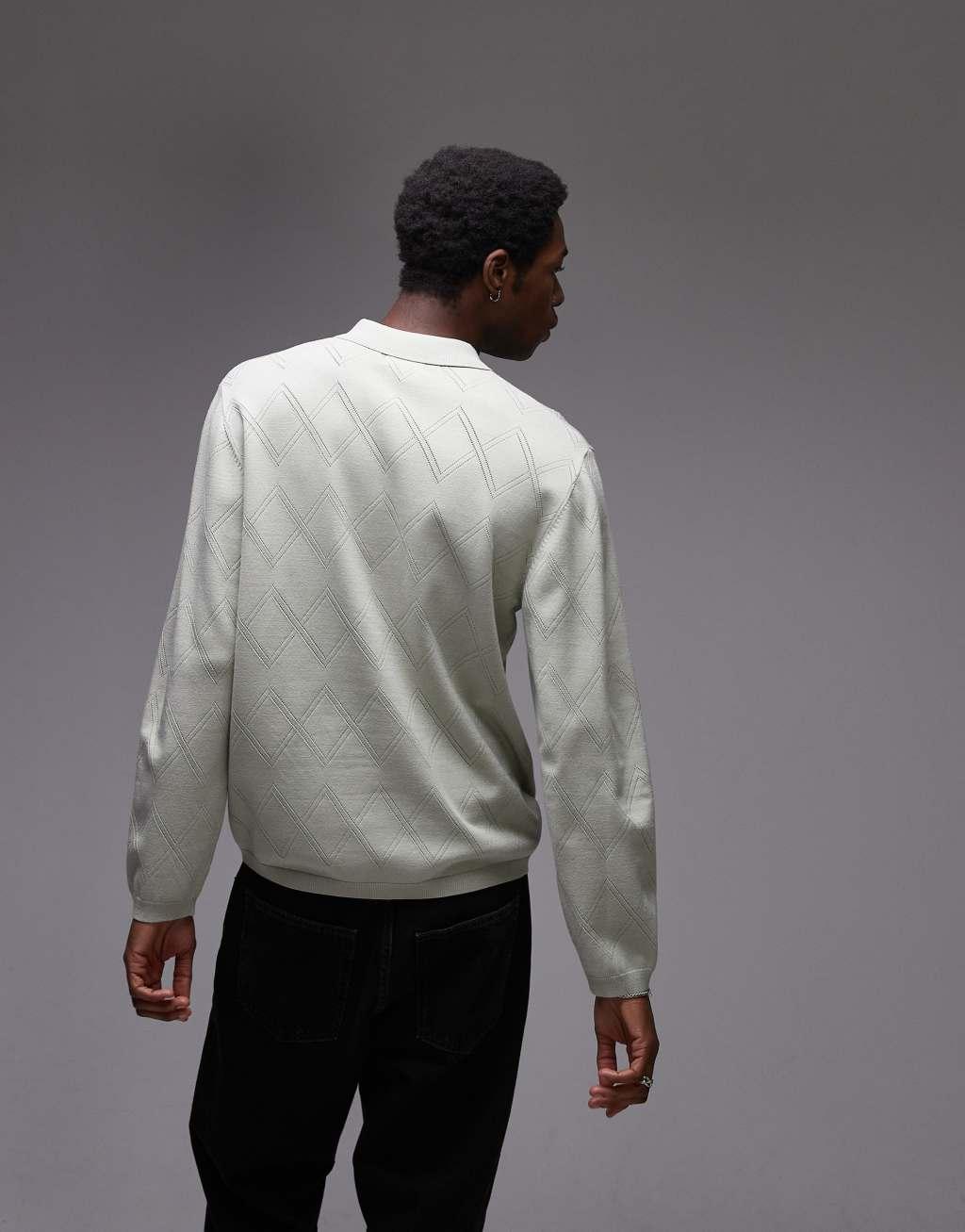 Topman long sleeve knit pattern crochet shirt in black Product Image