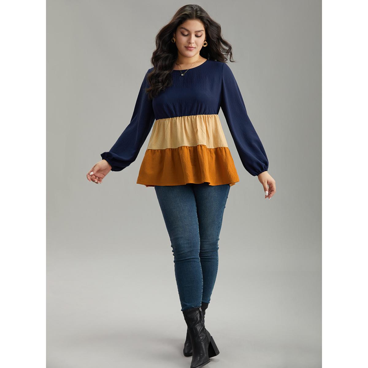 Plus Size Multicolor Colorblock Contrast Gathered Ruffle Layered Hem Blouse Women Elegant Long Sleeve Round Neck Dailywear Blouses BloomChic 10/M Product Image