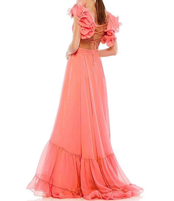 Ieena Mac Duggal Chiffon V-Neck Sleeveless Cut-Out Strappy Back Detail Tiered Ruffle Hem Gown Product Image