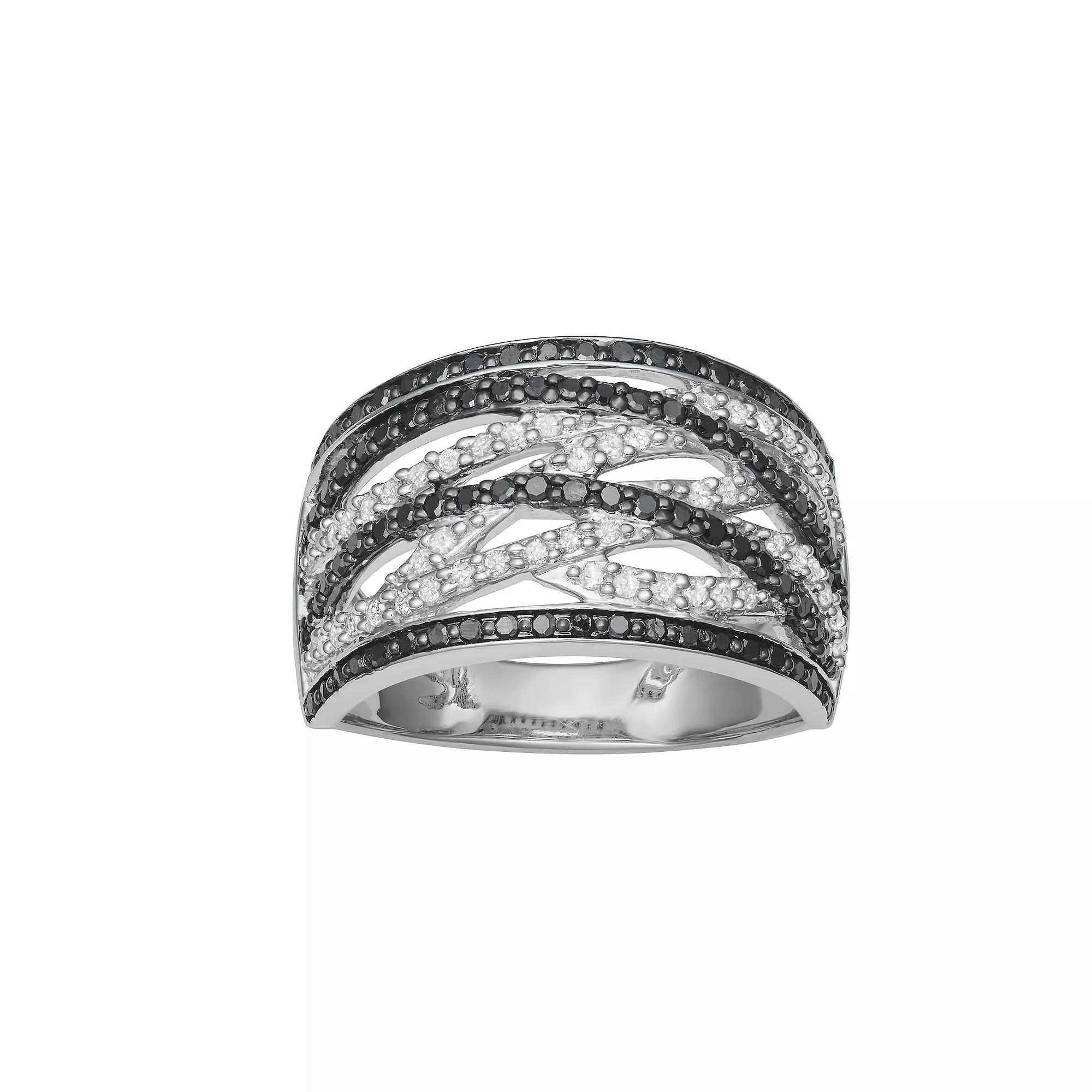 HDI Sterling Silver 1/2 Carat T.W. Black & White Diamond Bypass Ring, Women's, Size: 7 Product Image