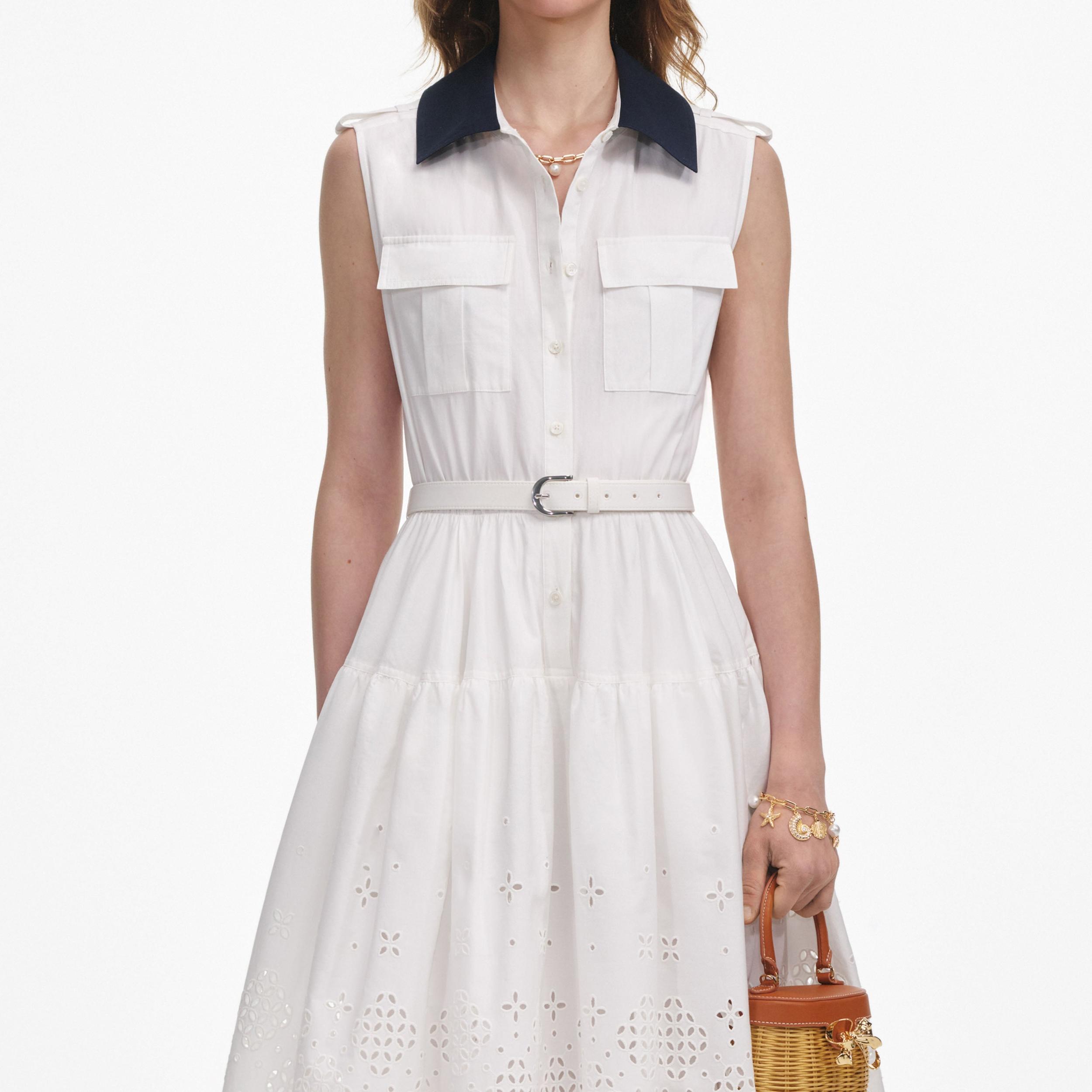 White Contrast Collar Broderie Midi Dress Product Image