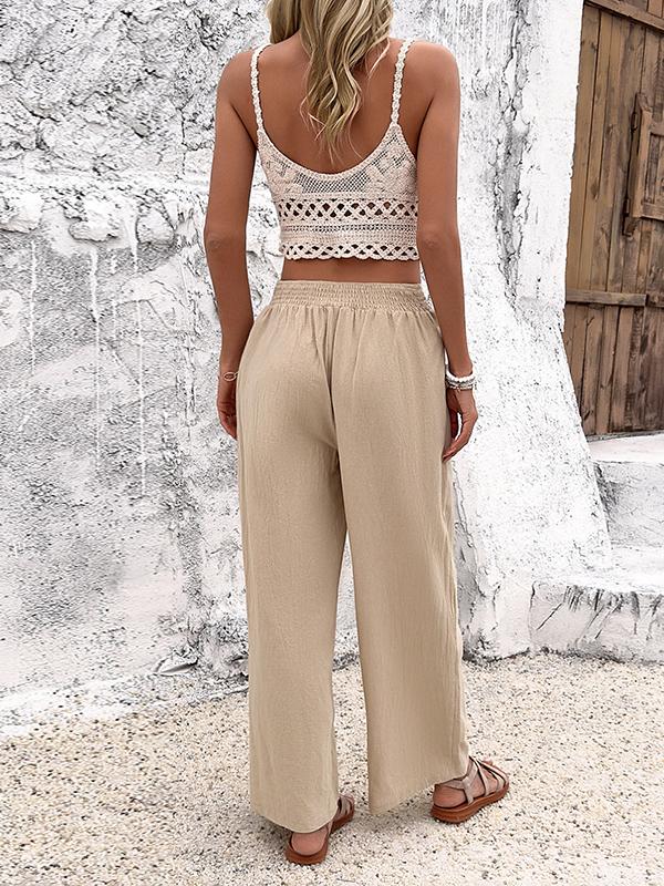 Loose Wide Leg Buttoned Pleated Pockets Solid Color Pants Trousers Product Image